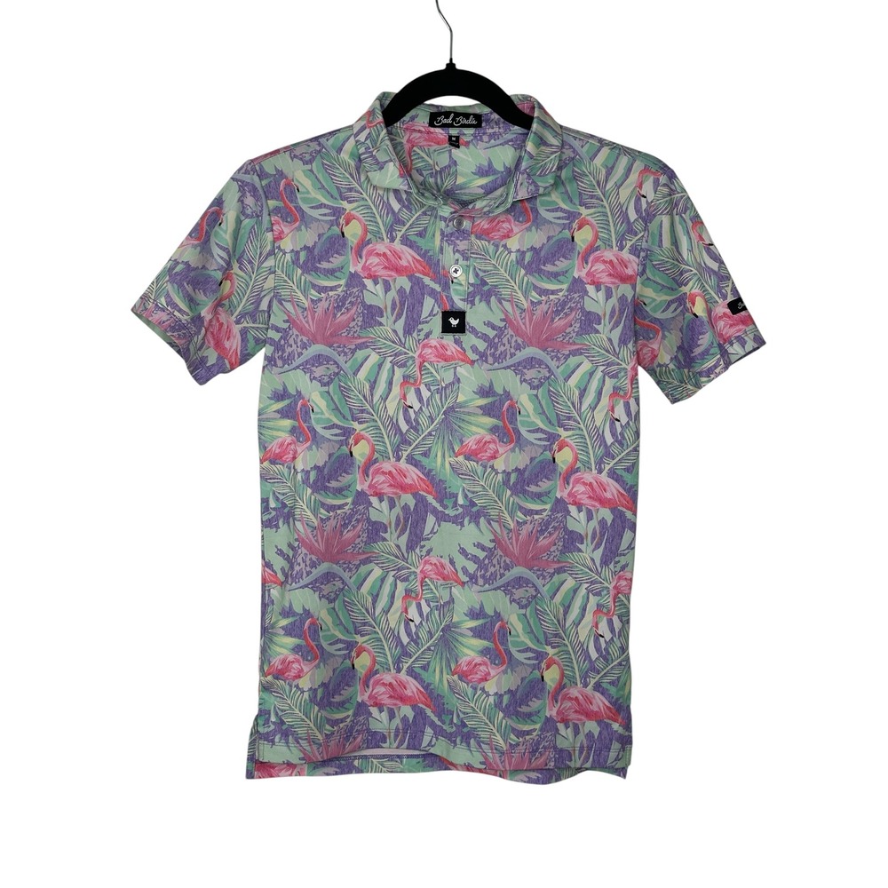Bad Birdie Boys Polo Medium Purple Green Pink Flamingo Tropical Golf Shirt